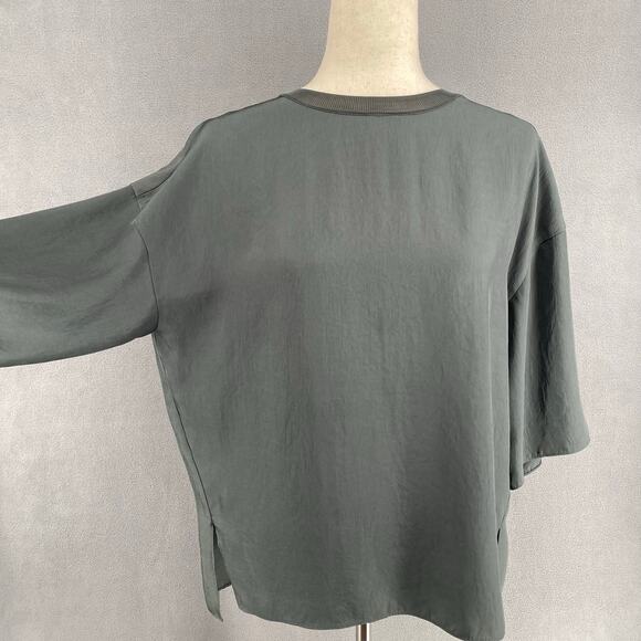Vince Rib Trim Woven Top Womens S Oversized Boxy Lagenlook Chic Minimalist Grey - Picture 8 of 16